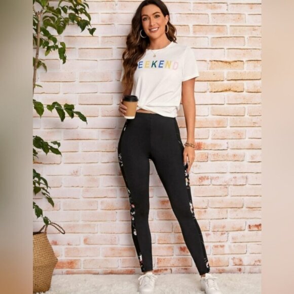 3/$20 Emery Rose High Waist Leggings Floral Spliced Side Striped Contrast Skinny - Picture 4 of 13